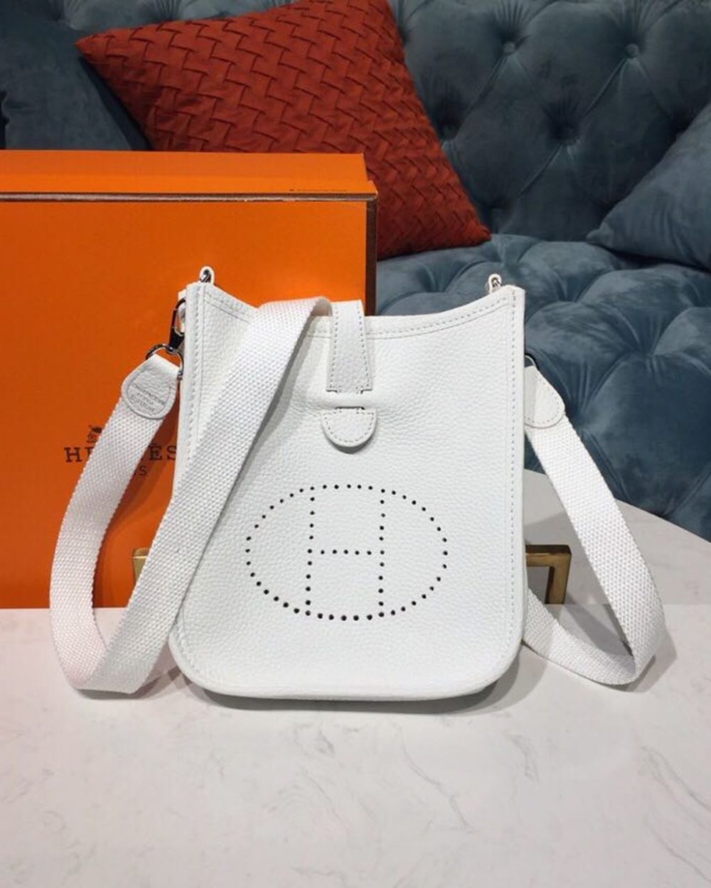 1:1 Replica Hermes Evelyne II TPM Bag White For Women Silver Toned Hardware 7.9in/20cm