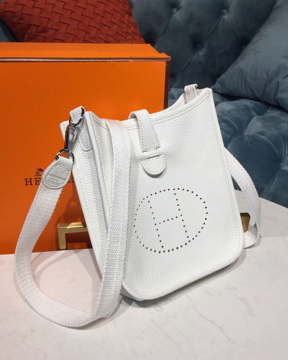 1:1 Replica Hermes Evelyne II TPM Bag White For Women Silver Toned Hardware 7.9in/20cm