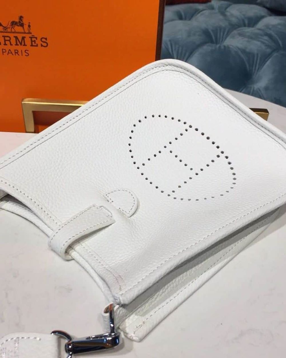 1:1 Replica Hermes Evelyne II TPM Bag White For Women Silver Toned Hardware 7.9in/20cm