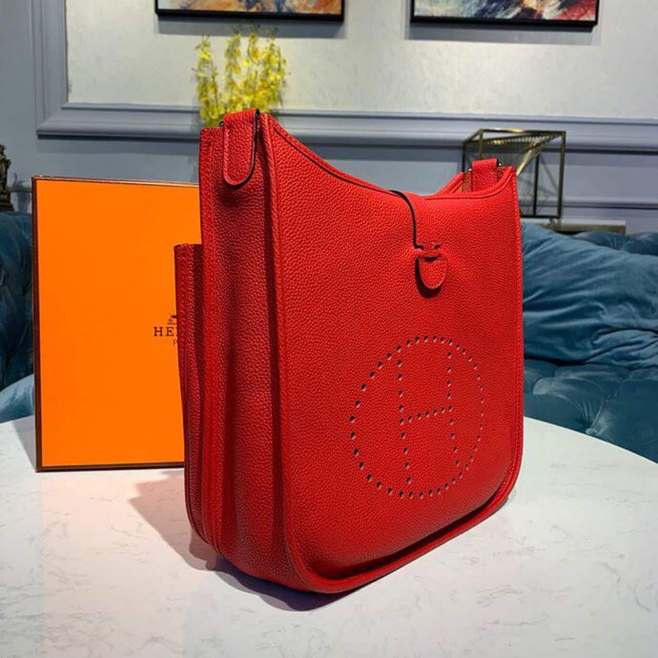 1:1 Replica Hermes Evelyne III 29 Bag Red With Silver-Toned Hardware For Women, Women's Shoulder And Crossbody Bags 11.4in/29cm - Image 3