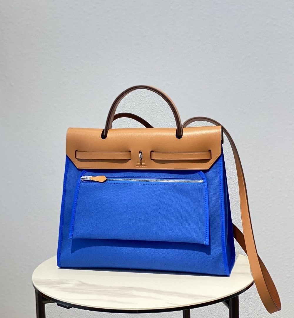 1:1 Replica Hermes Herbag Zip Bag Blue, Silver Toned Hardware Bag For Women, Women's Handbags, Shoulder Bags 12.2in/31cm