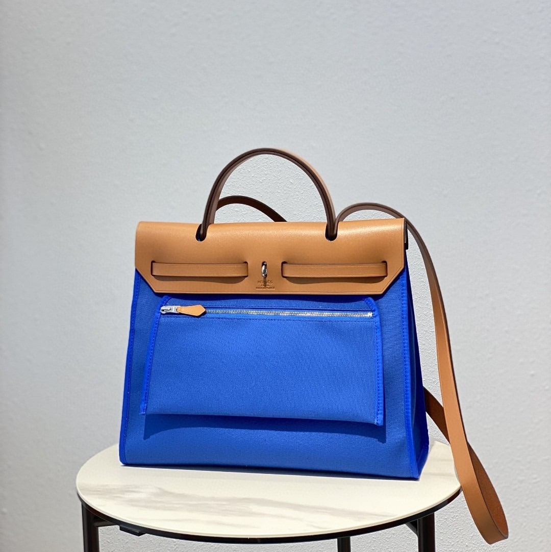 1:1 Replica Hermes Herbag Zip Bag Blue, Silver Toned Hardware Bag For Women, Women's Handbags, Shoulder Bags 12.2in/31cm - Image 4