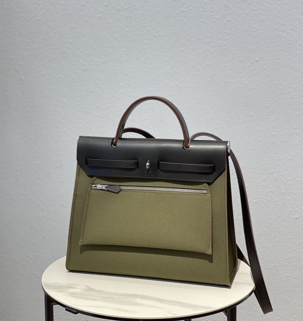 1:1 Replica Hermes Herbag Zip Bag Dark Green Moss, Silver Toned Hardware Bag For Women, Women's Handbags, Shoulder Bags 12.2in/31cm
