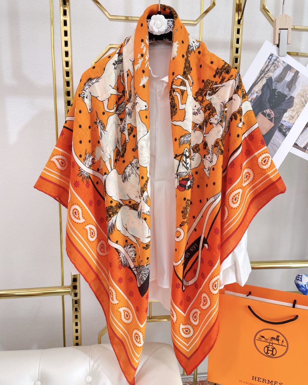 Hermes Horse Printed Patterns Square in Orange Scarf 140cm/55in