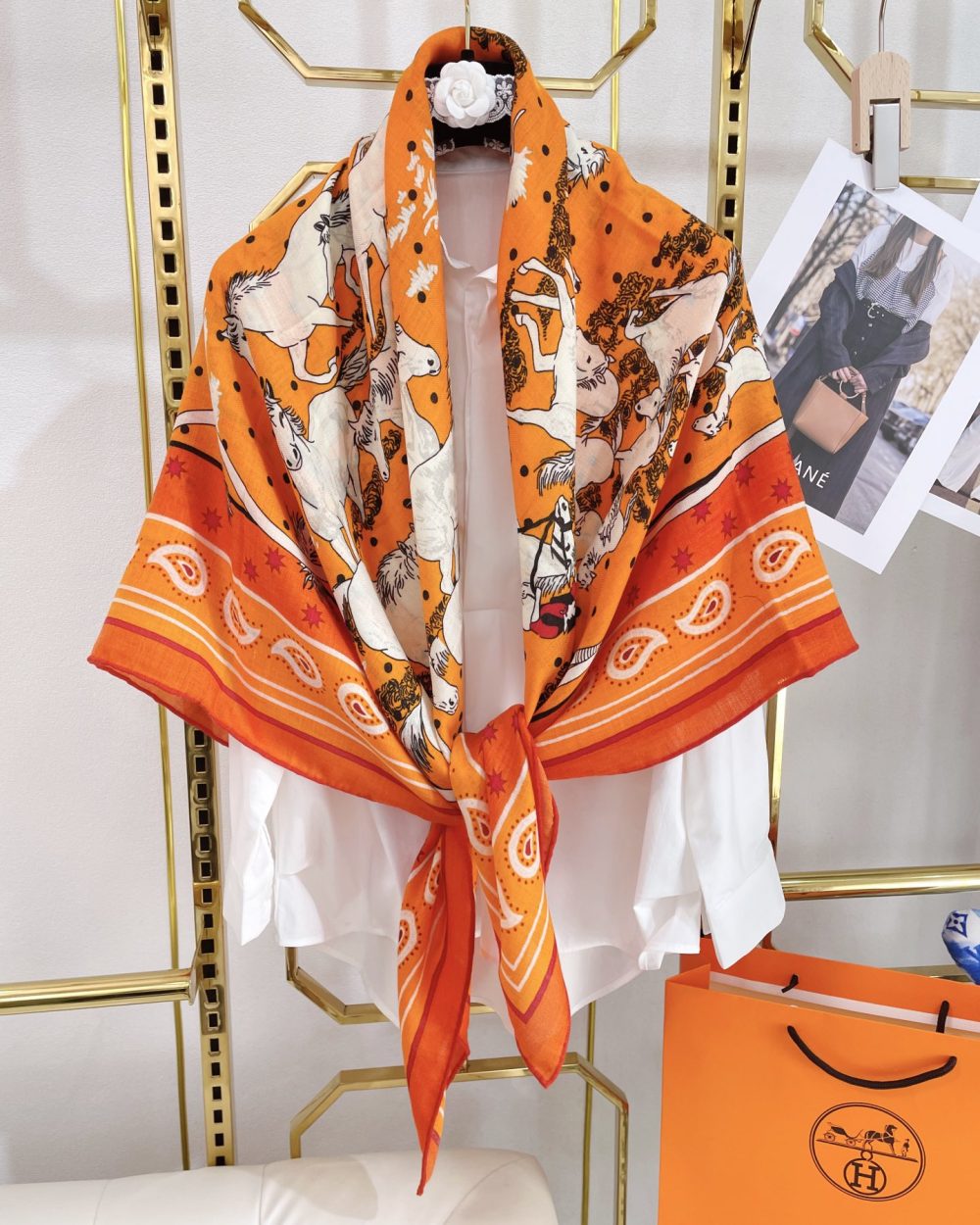 Hermes Horse Printed Patterns Square in Orange Scarf 140cm/55in 