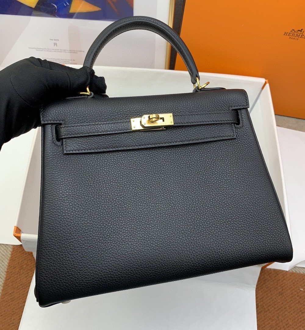 1:1 Replica Hermes Kelly 25 Retourne Togo Black Bag For Women, Women's Handbags, Shoulder Bags 10in/25cm