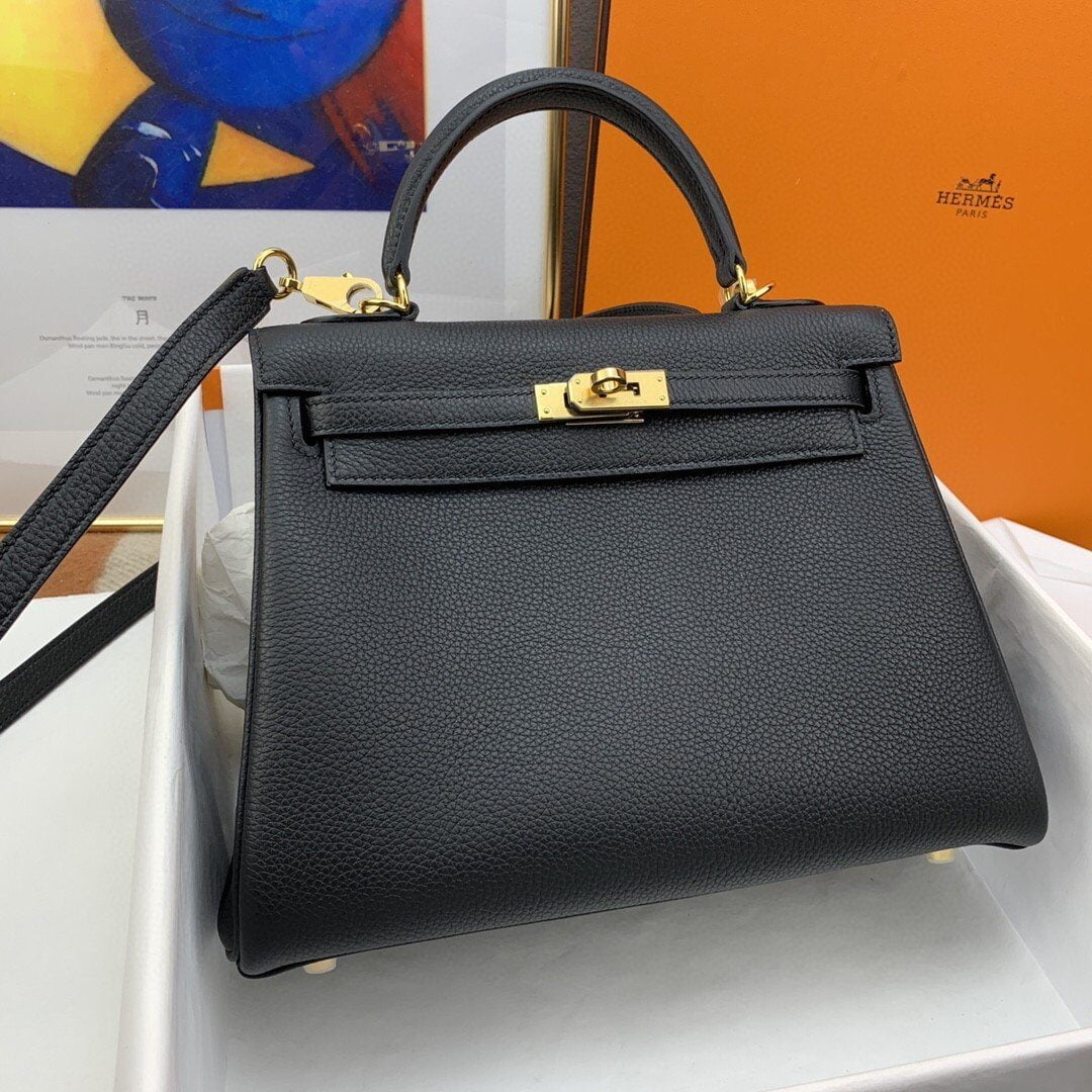 1:1 Replica Hermes Kelly 25 Retourne Togo Black Bag For Women, Women's Handbags, Shoulder Bags 10in/25cm