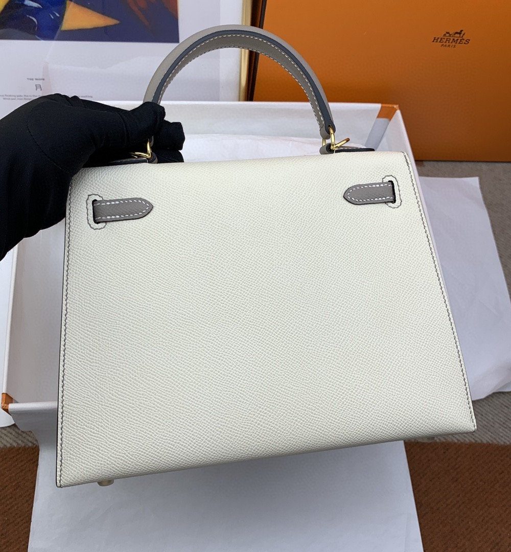 1:1 Replica Hermes Kelly 25 Sellier Epsom Craie/Grey Bag For Women, Women's Handbags, Shoulder Bags 10in/25cm