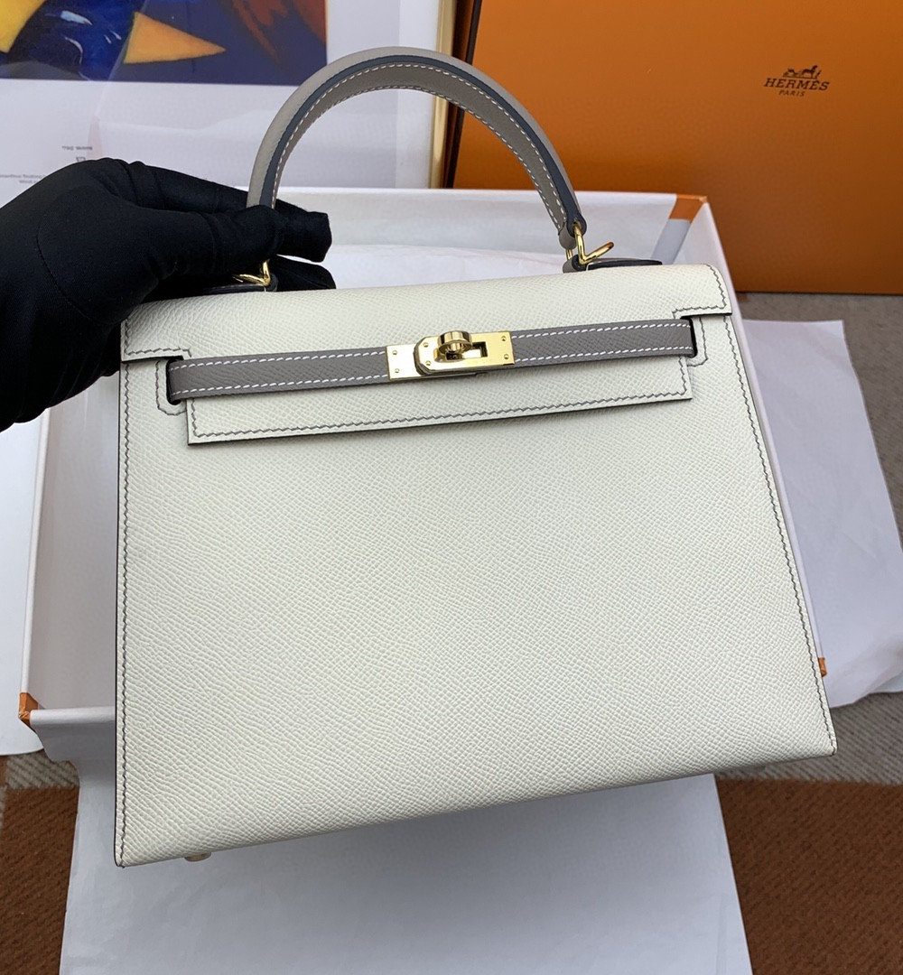 1:1 Replica Hermes Kelly 25 Sellier Epsom Craie/Grey Bag For Women, Women's Handbags, Shoulder Bags 10in/25cm