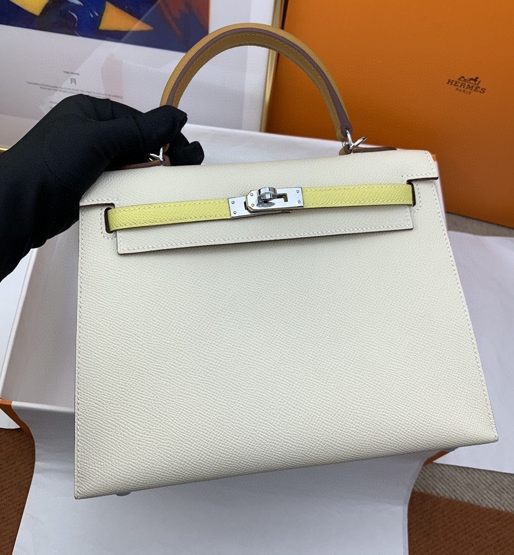 1:1 Replica Hermes Kelly 25 Sellier Epsom Craie/Yellow Bag For Women, Women's Handbags, Shoulder Bags 10in/25cm