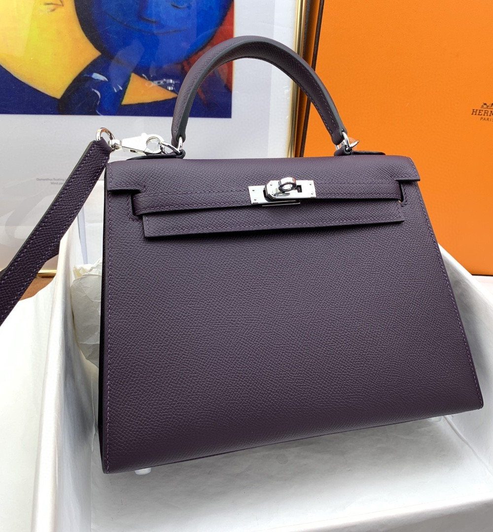 1:1 Replica Hermes Kelly 25 Sellier Epsom Dark Purple Bag For Women, Women's Handbags, Shoulder Bags 10in/25cm
