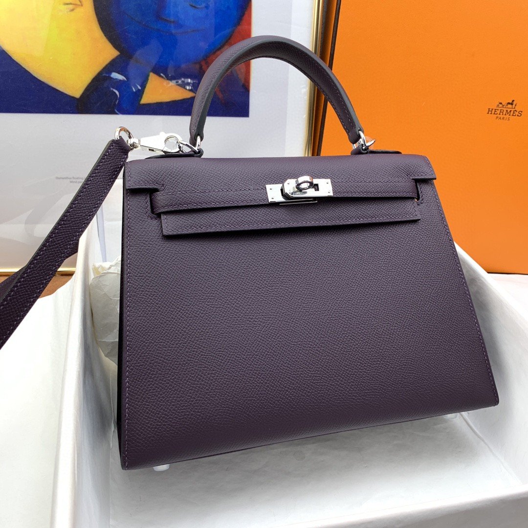 1:1 Replica Hermes Kelly 25 Sellier Epsom Dark Purple Bag For Women, Women's Handbags, Shoulder Bags 10in/25cm