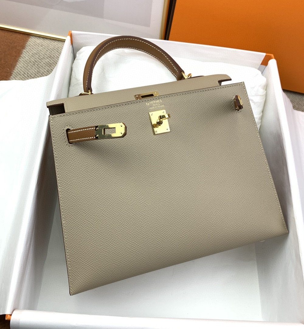 1:1 Replica Hermes Kelly 25 Sellier Epsom Greige/Brown Bag For Women, Women's Handbags, Shoulder Bags 10in/25cm