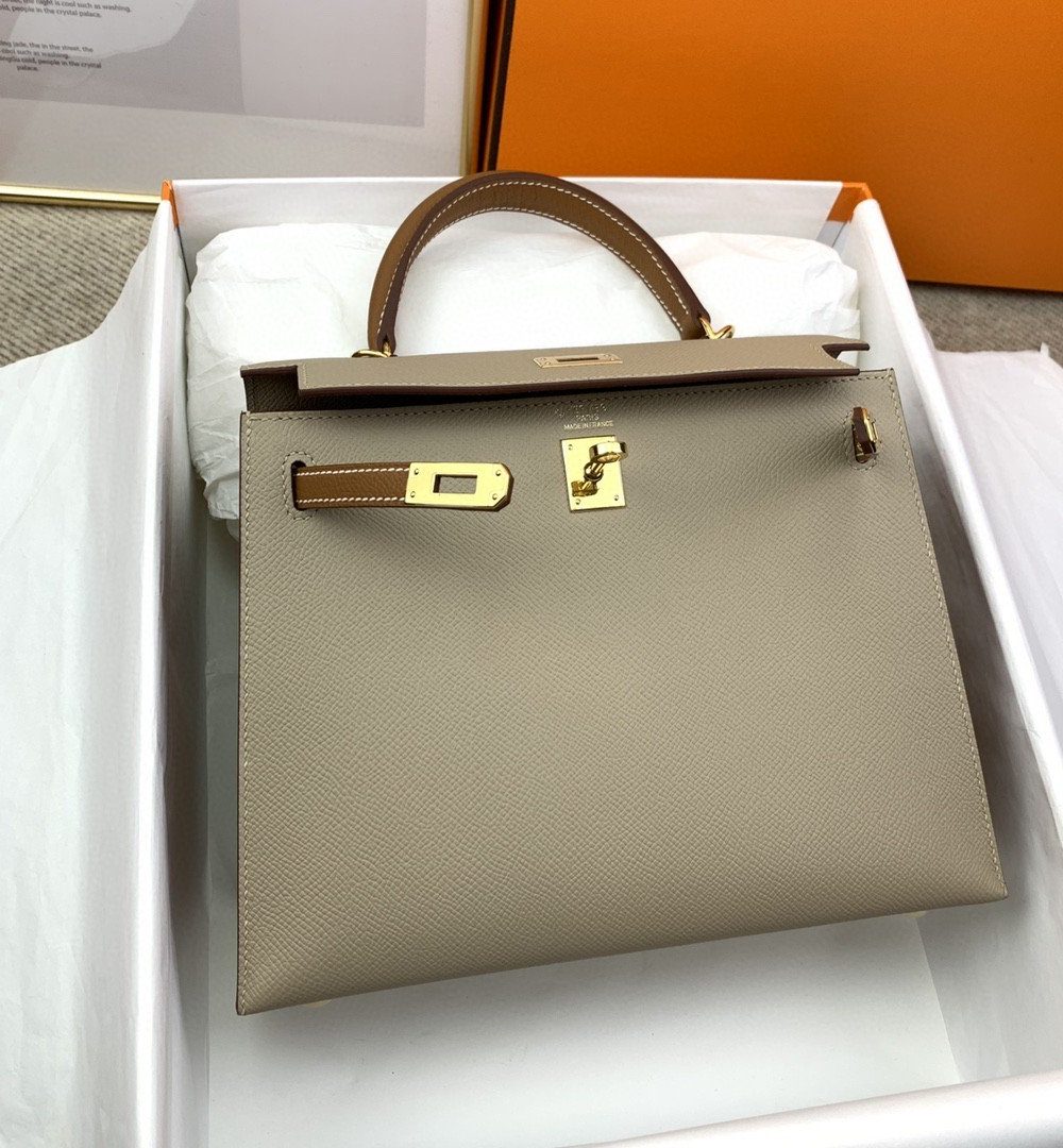 1:1 Replica Hermes Kelly 25 Sellier Epsom Greige/Brown Bag For Women, Women's Handbags, Shoulder Bags 10in/25cm