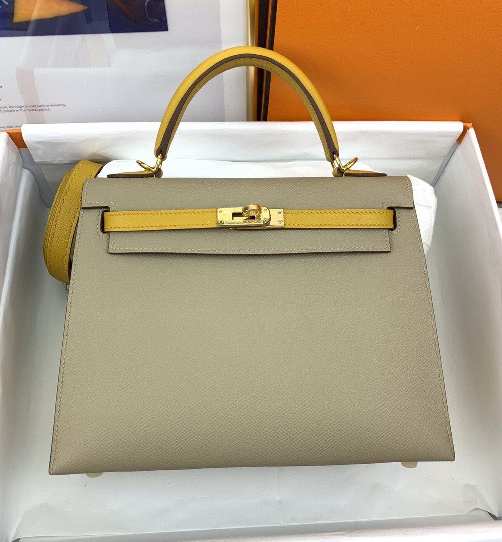 1:1 Replica Hermes Kelly 25 Sellier Epsom Greige/Yellow Bag For Women, Women's Handbags, Shoulder Bags 10in/25cm