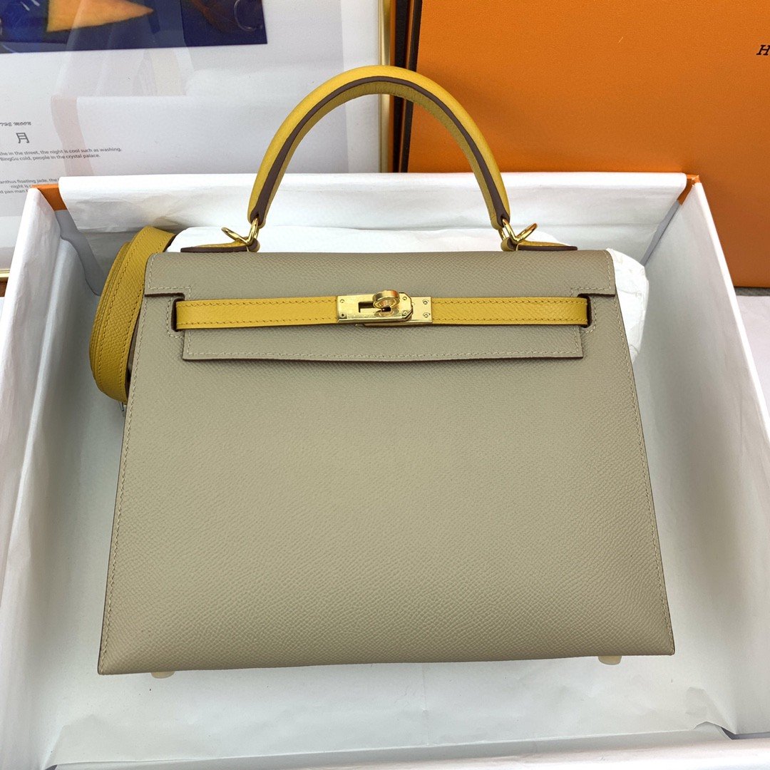 1:1 Replica Hermes Kelly 25 Sellier Epsom Greige/Yellow Bag For Women, Women's Handbags, Shoulder Bags 10in/25cm