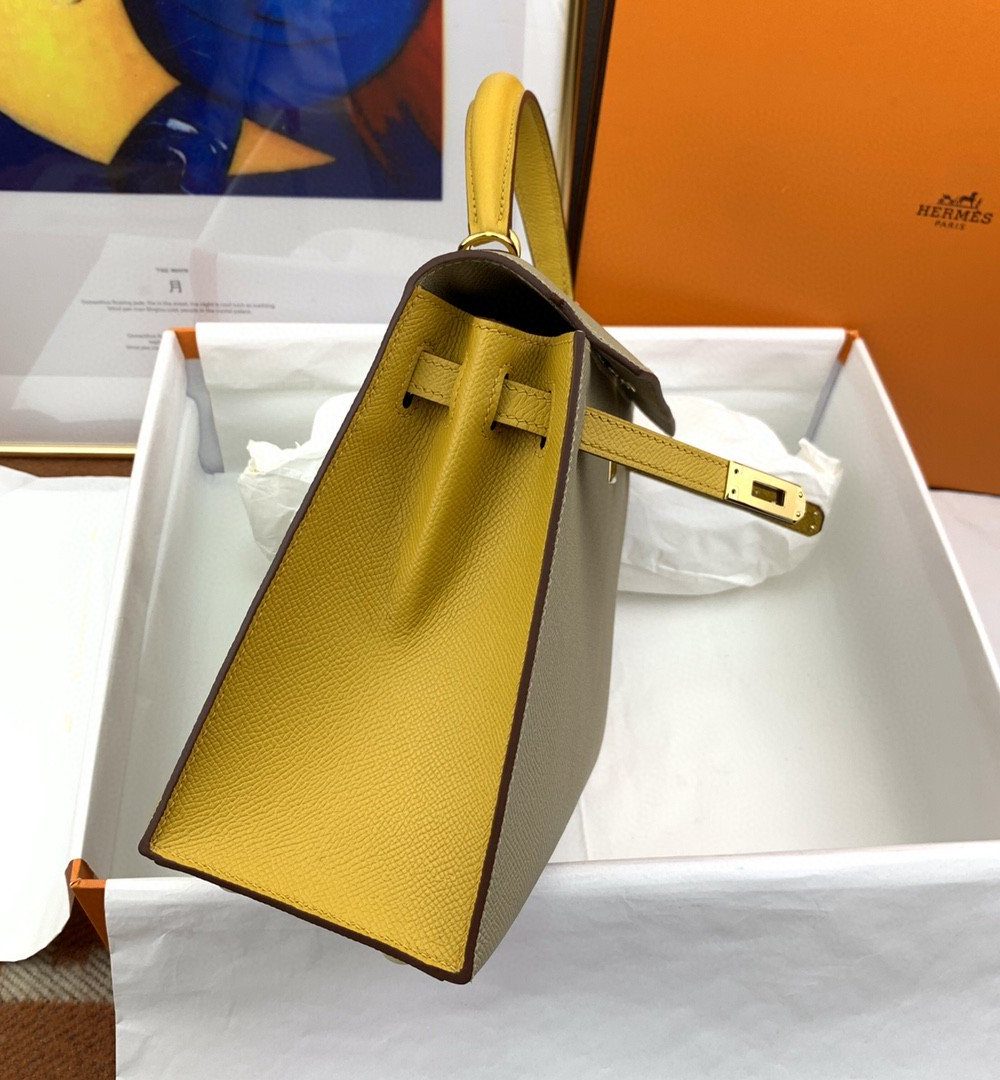 1:1 Replica Hermes Kelly 25 Sellier Epsom Greige/Yellow Bag For Women, Women's Handbags, Shoulder Bags 10in/25cm