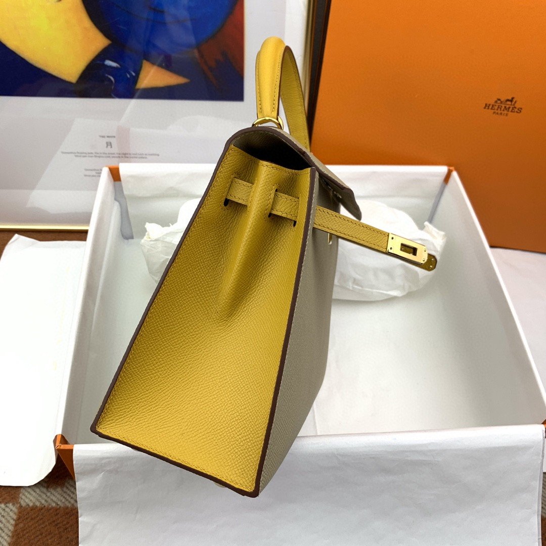 1:1 Replica Hermes Kelly 25 Sellier Epsom Greige/Yellow Bag For Women, Women's Handbags, Shoulder Bags 10in/25cm - Image 8