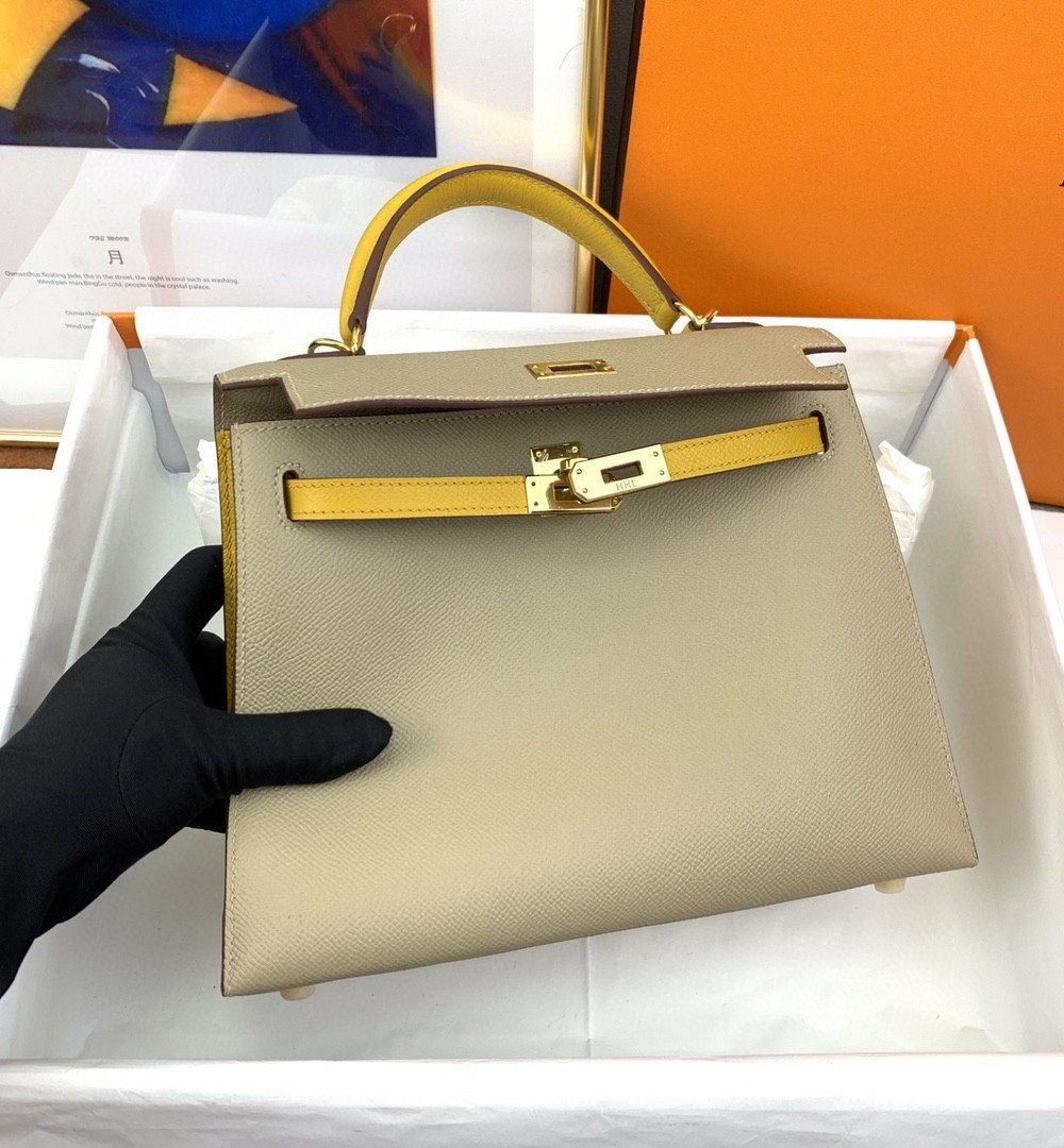 1:1 Replica Hermes Kelly 25 Sellier Epsom Greige/Yellow Bag For Women, Women's Handbags, Shoulder Bags 10in/25cm