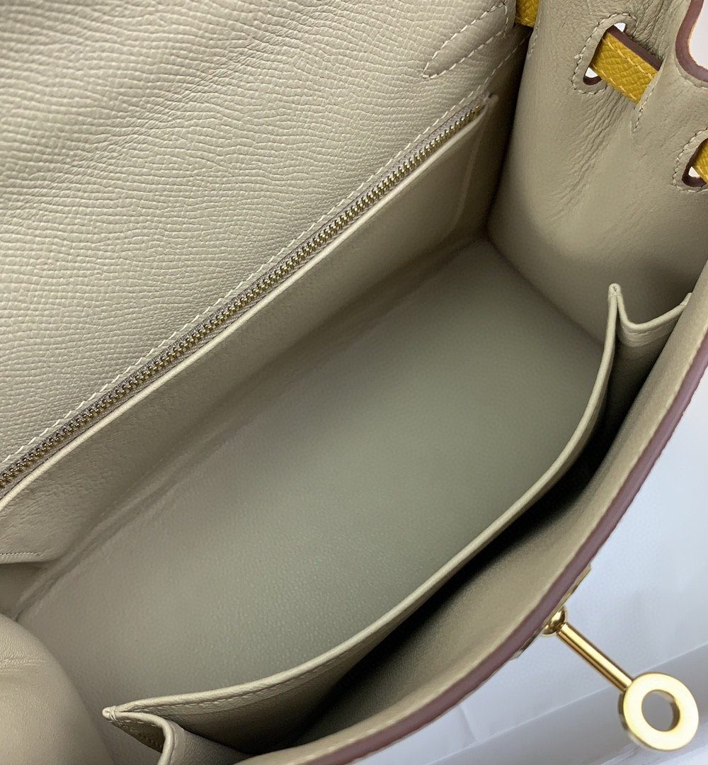 1:1 Replica Hermes Kelly 25 Sellier Epsom Greige/Yellow Bag For Women, Women's Handbags, Shoulder Bags 10in/25cm