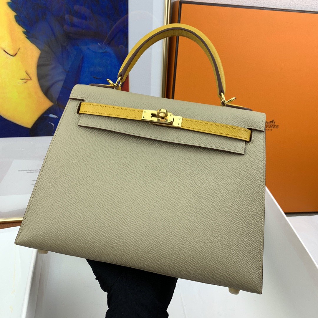 1:1 Replica Hermes Kelly 25 Sellier Epsom Greige/Yellow Bag For Women, Women's Handbags, Shoulder Bags 10in/25cm - Image 7