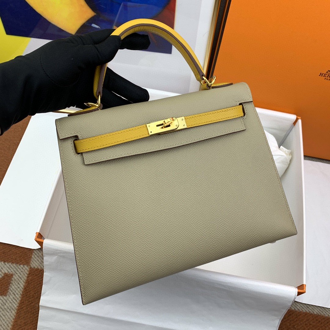 1:1 Replica Hermes Kelly 25 Sellier Epsom Greige/Yellow Bag For Women, Women's Handbags, Shoulder Bags 10in/25cm - Image 4