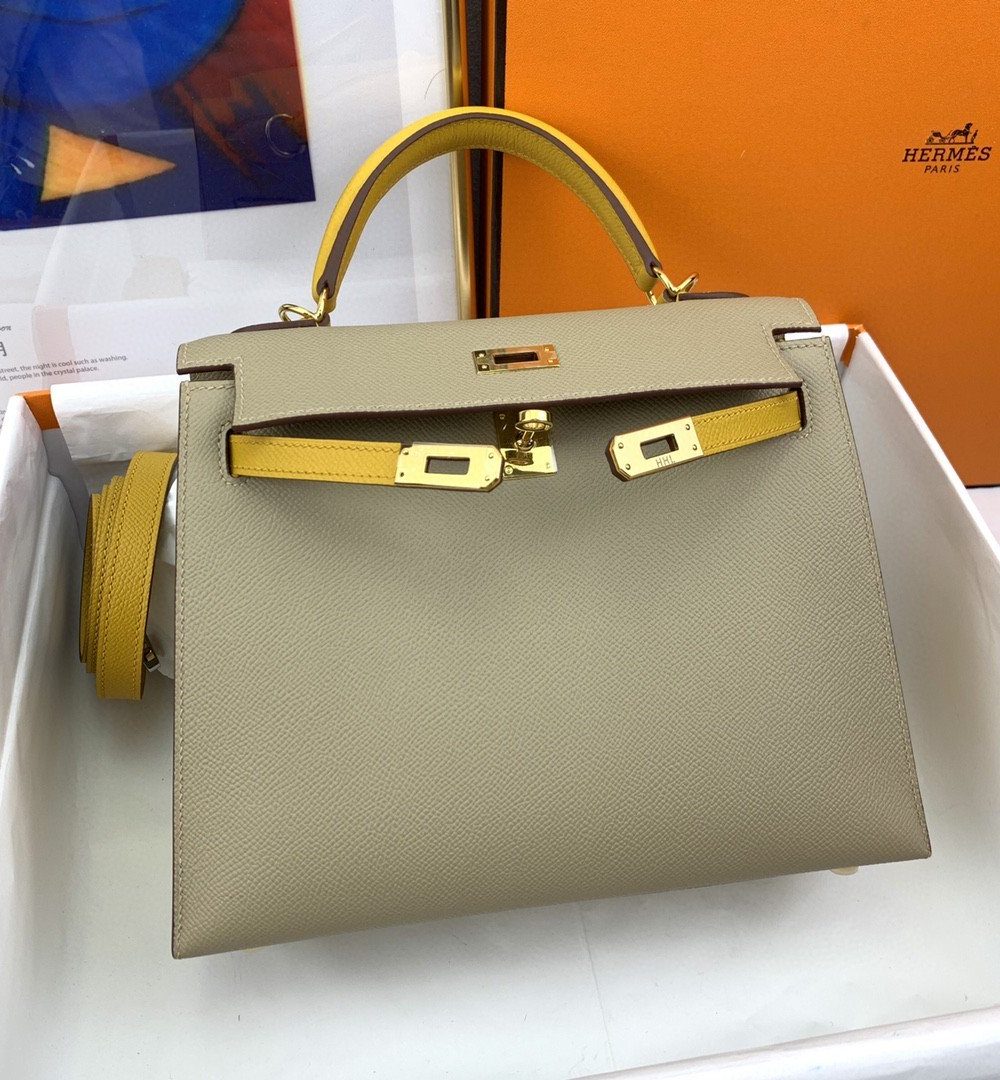1:1 Replica Hermes Kelly 25 Sellier Epsom Greige/Yellow Bag For Women, Women's Handbags, Shoulder Bags 10in/25cm