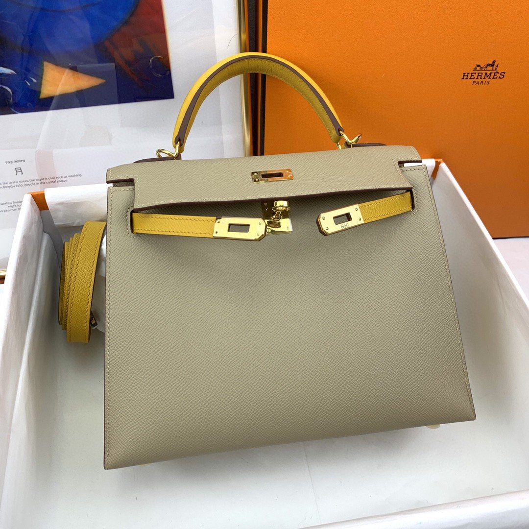 1:1 Replica Hermes Kelly 25 Sellier Epsom Greige/Yellow Bag For Women, Women's Handbags, Shoulder Bags 10in/25cm - Image 9