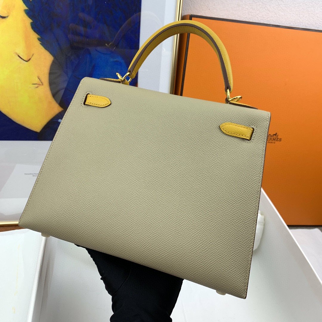 1:1 Replica Hermes Kelly 25 Sellier Epsom Greige/Yellow Bag For Women, Women's Handbags, Shoulder Bags 10in/25cm - Image 5