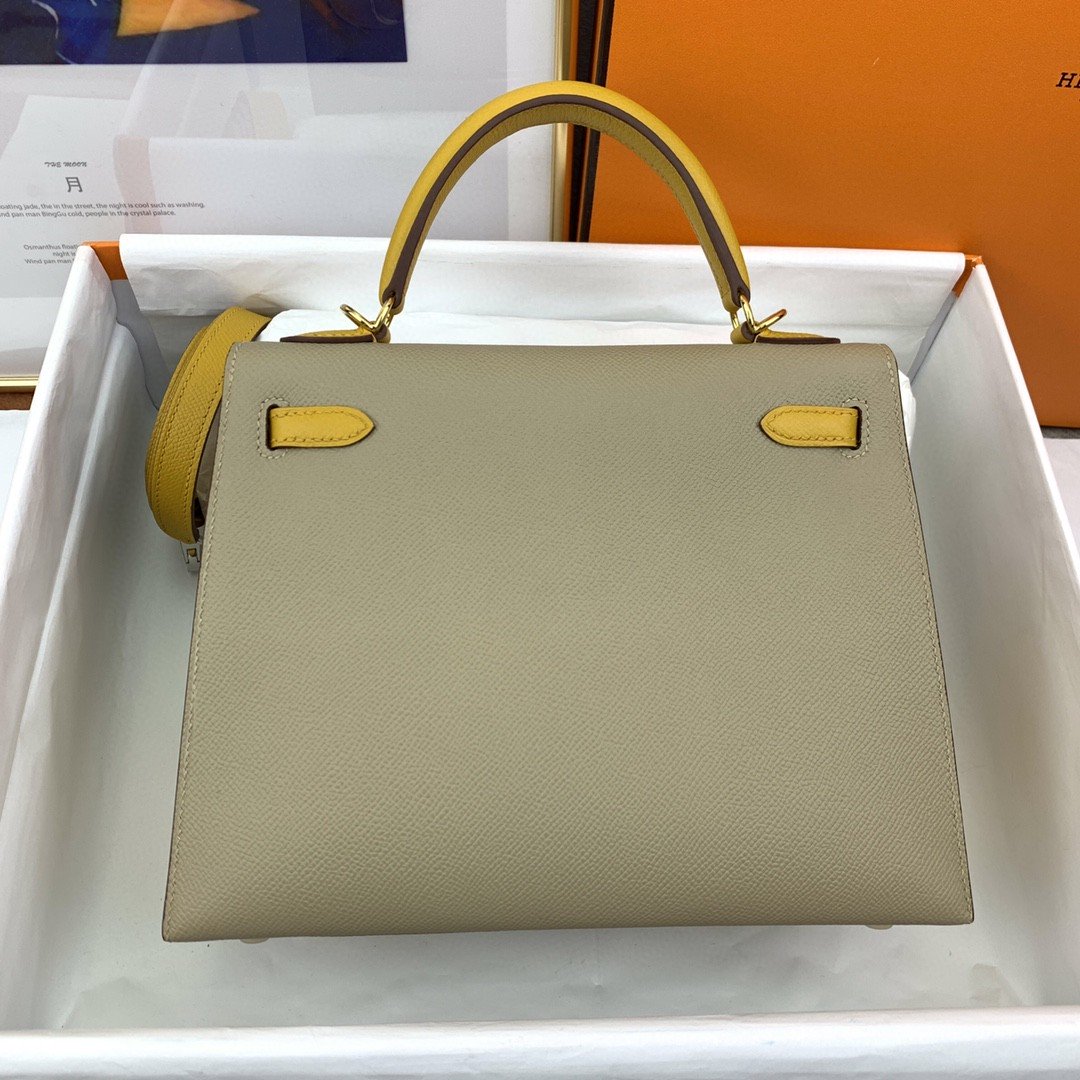 1:1 Replica Hermes Kelly 25 Sellier Epsom Greige/Yellow Bag For Women, Women's Handbags, Shoulder Bags 10in/25cm - Image 6