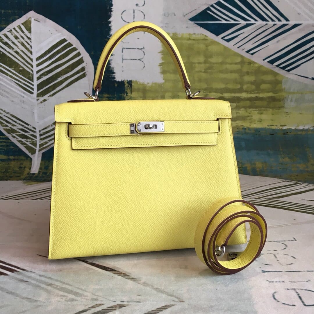 1:1 Replica Hermes Kelly Light Yellow For Women Silver Toned Hardware 10in/25cm