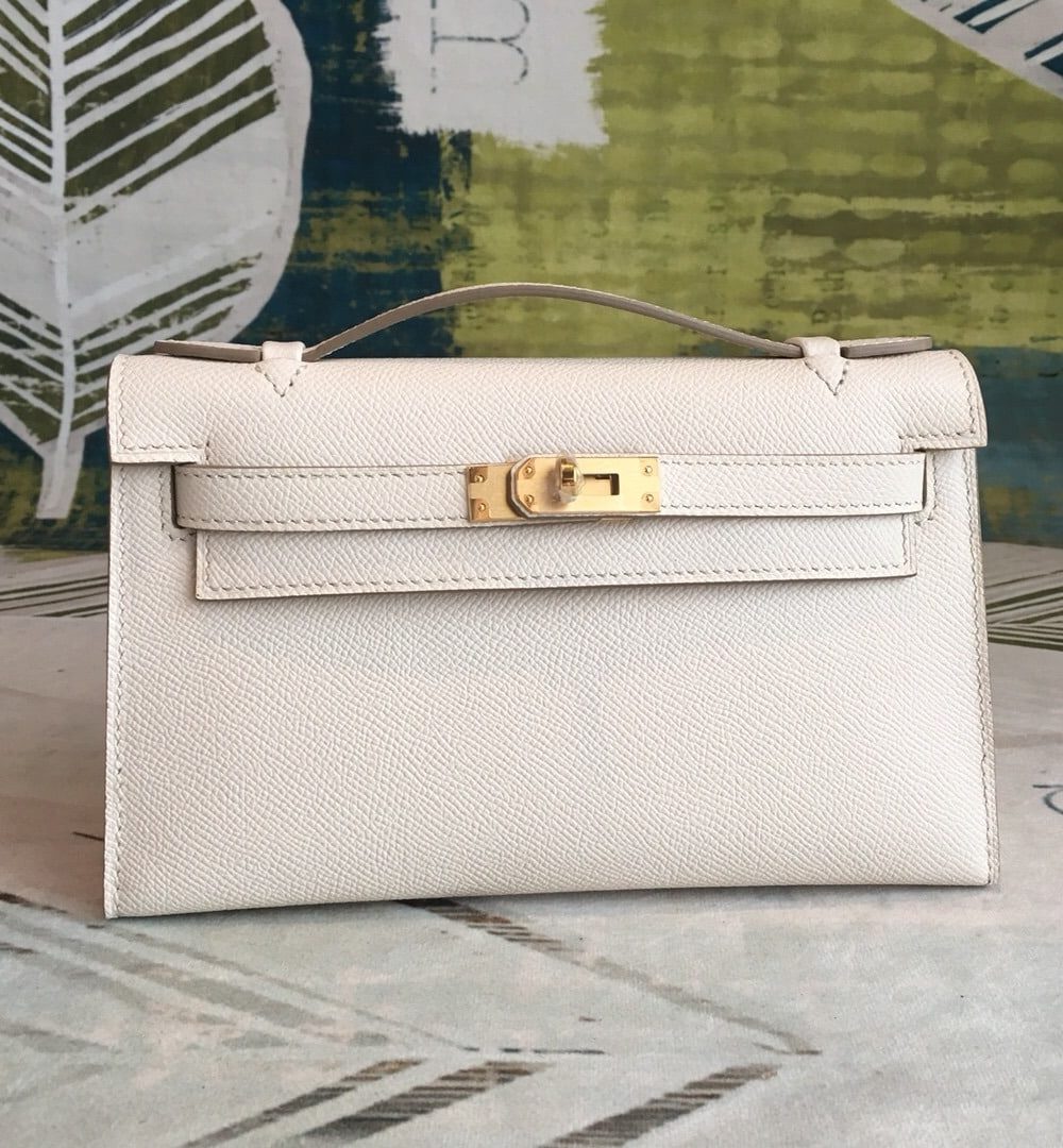 1:1 Replica Hermes Kelly Pochettee White For Women Gold Toned Hardware 8.5in/22cm