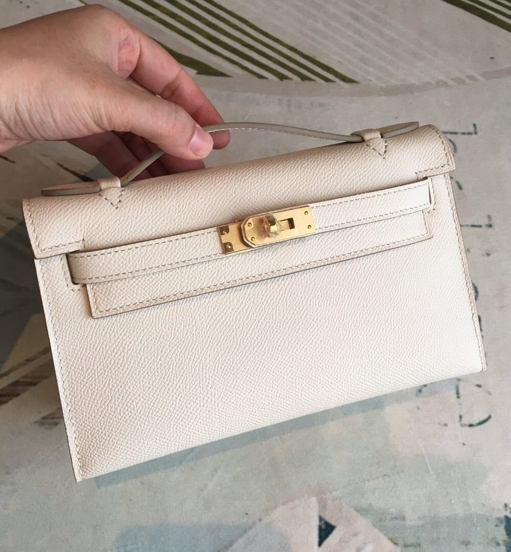 1:1 Replica Hermes Kelly Pochettee White For Women Gold Toned Hardware 8.5in/22cm