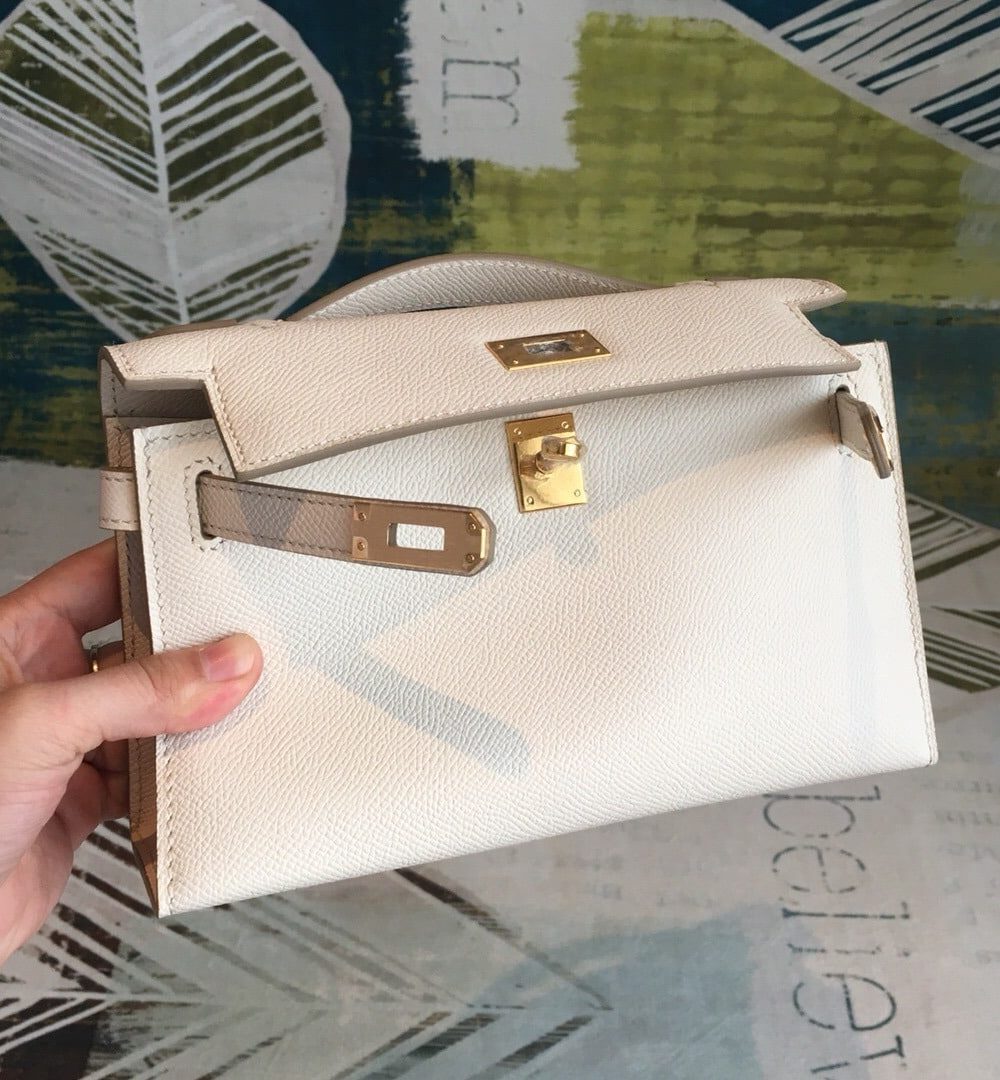 1:1 Replica Hermes Kelly Pochettee White For Women Gold Toned Hardware 8.5in/22cm