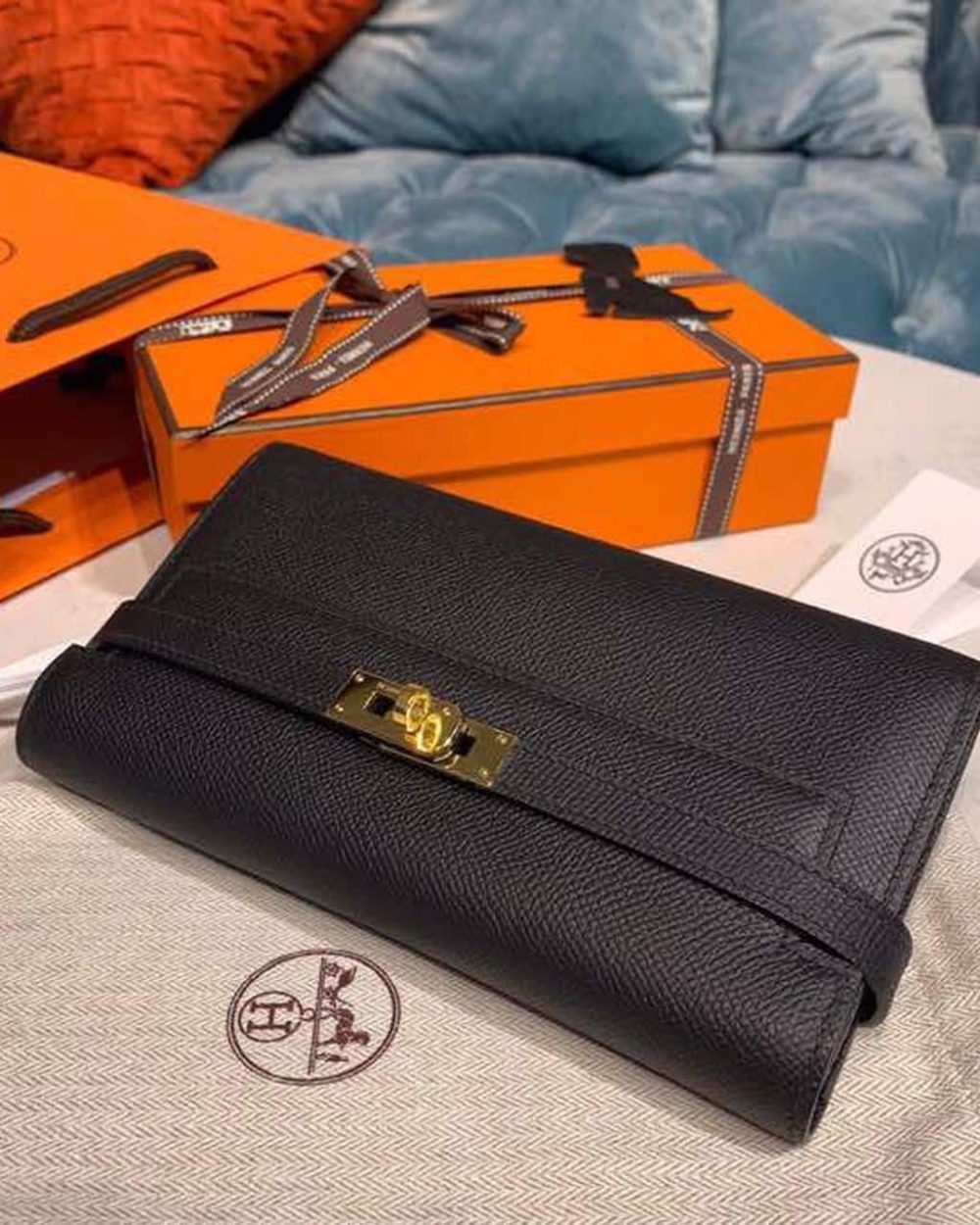 1:1 Replica Hermes Kelly Wallet To Go Woc Black With Gold Toned Hardware Bag For Women 8.2in/21cm