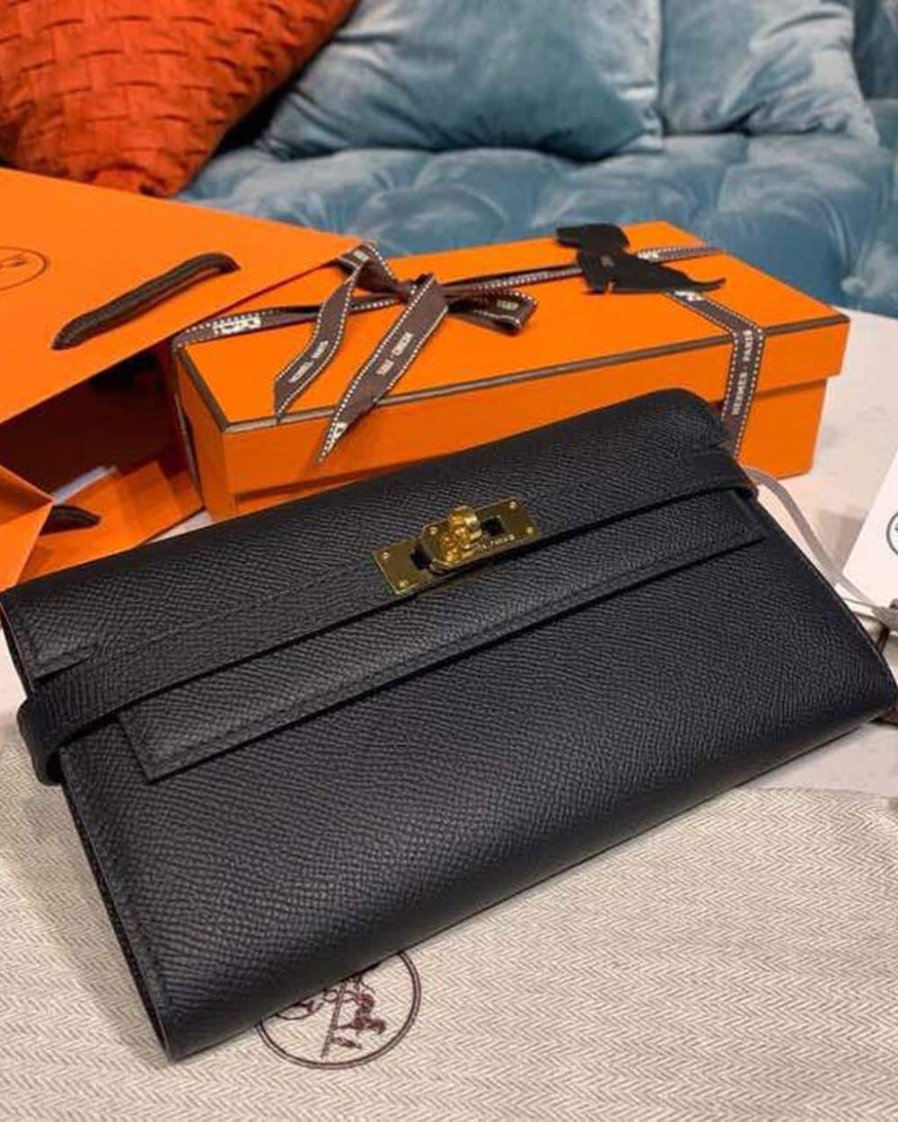 1:1 Replica Hermes Kelly Wallet To Go Woc Black With Gold Toned Hardware Bag For Women 8.2in/21cm