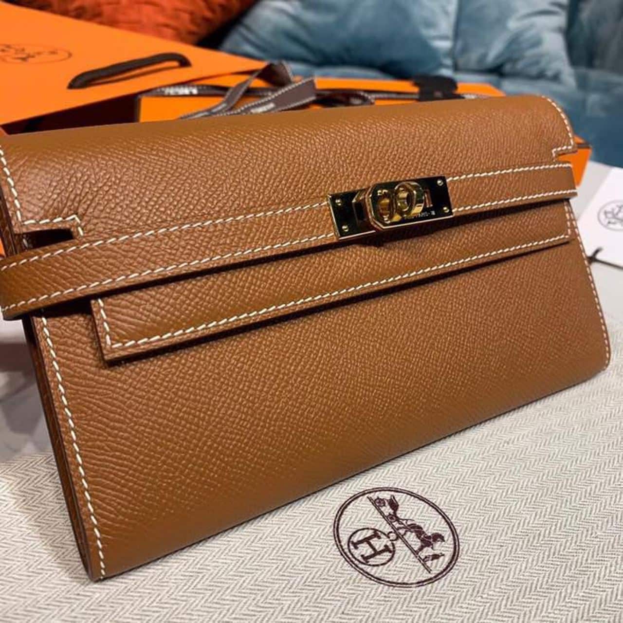 1:1 Replica Hermes Kelly Wallet To Go Woc Brown With Gold Toned Hardware Bag For Women 8.2in/21cm - Image 3
