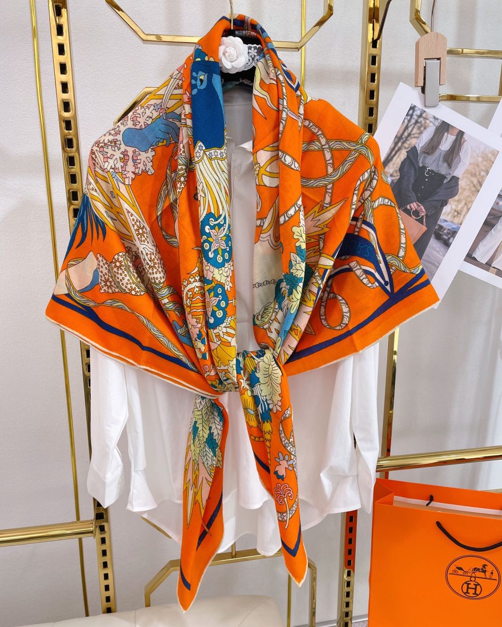 Hermes Le Sacre des Saisons Potiron/Bleu Gris/Jaune Soleil Scarf 140cm/55in H003903S 21 