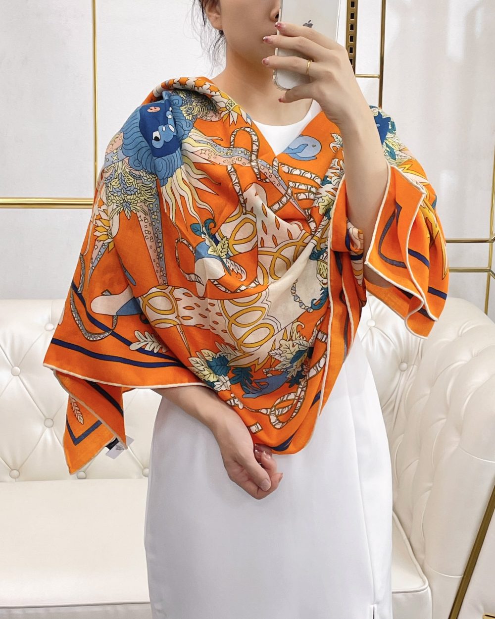 Hermes Le Sacre des Saisons Potiron/Bleu Gris/Jaune Soleil Scarf 140cm/55in H003903S 21 