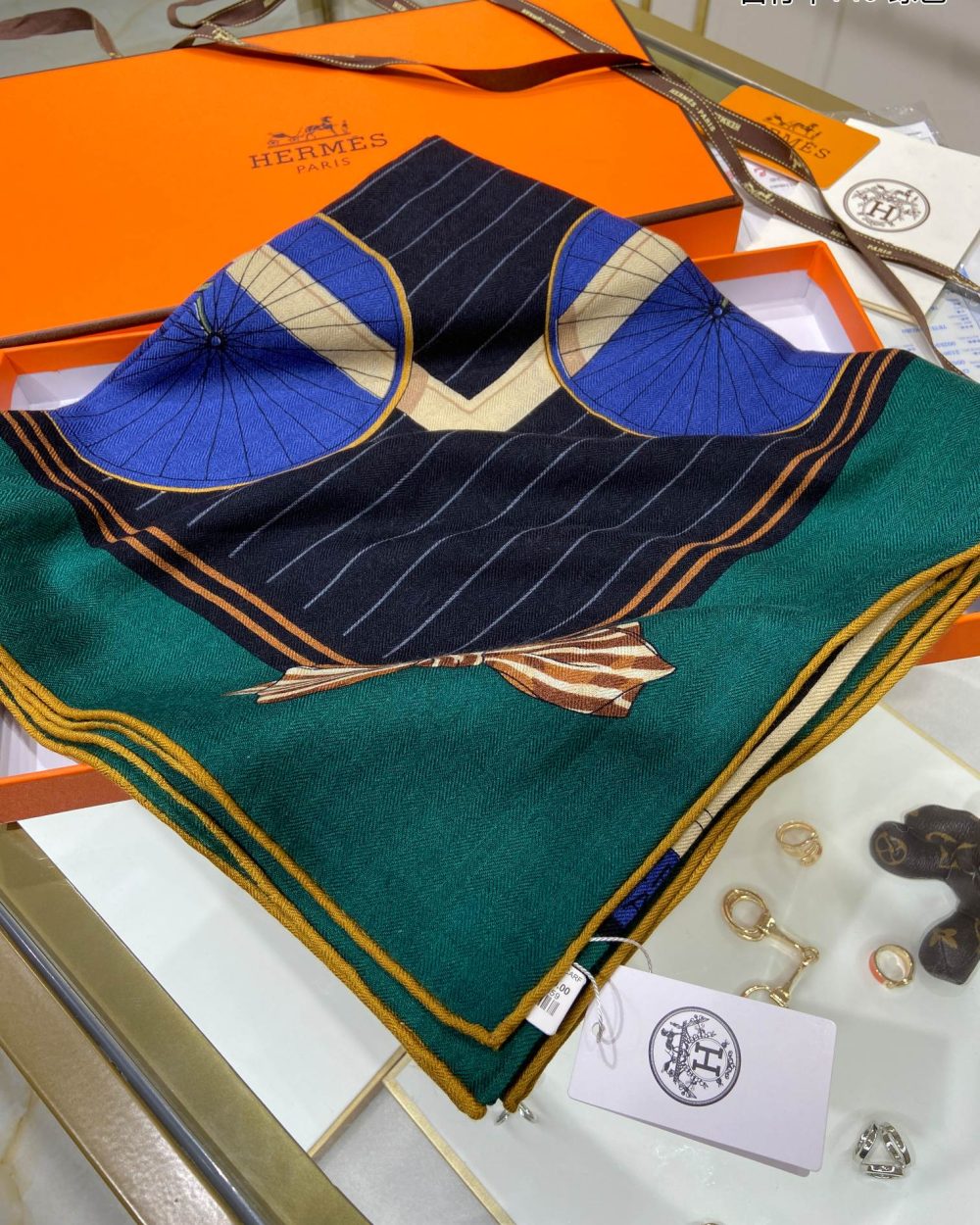 Hermes Les Becanes 70 Silk Blue/Dark Blue/Green Royal Scarf 140cm/55in 