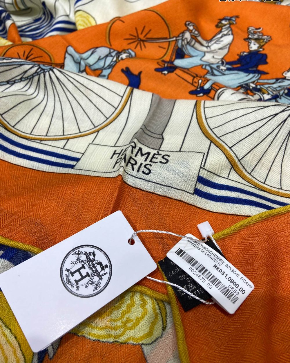 Hermes Les Becanes 70 Silk Orange/Blanc/Bleu Royal Scarf 140cm/55in 