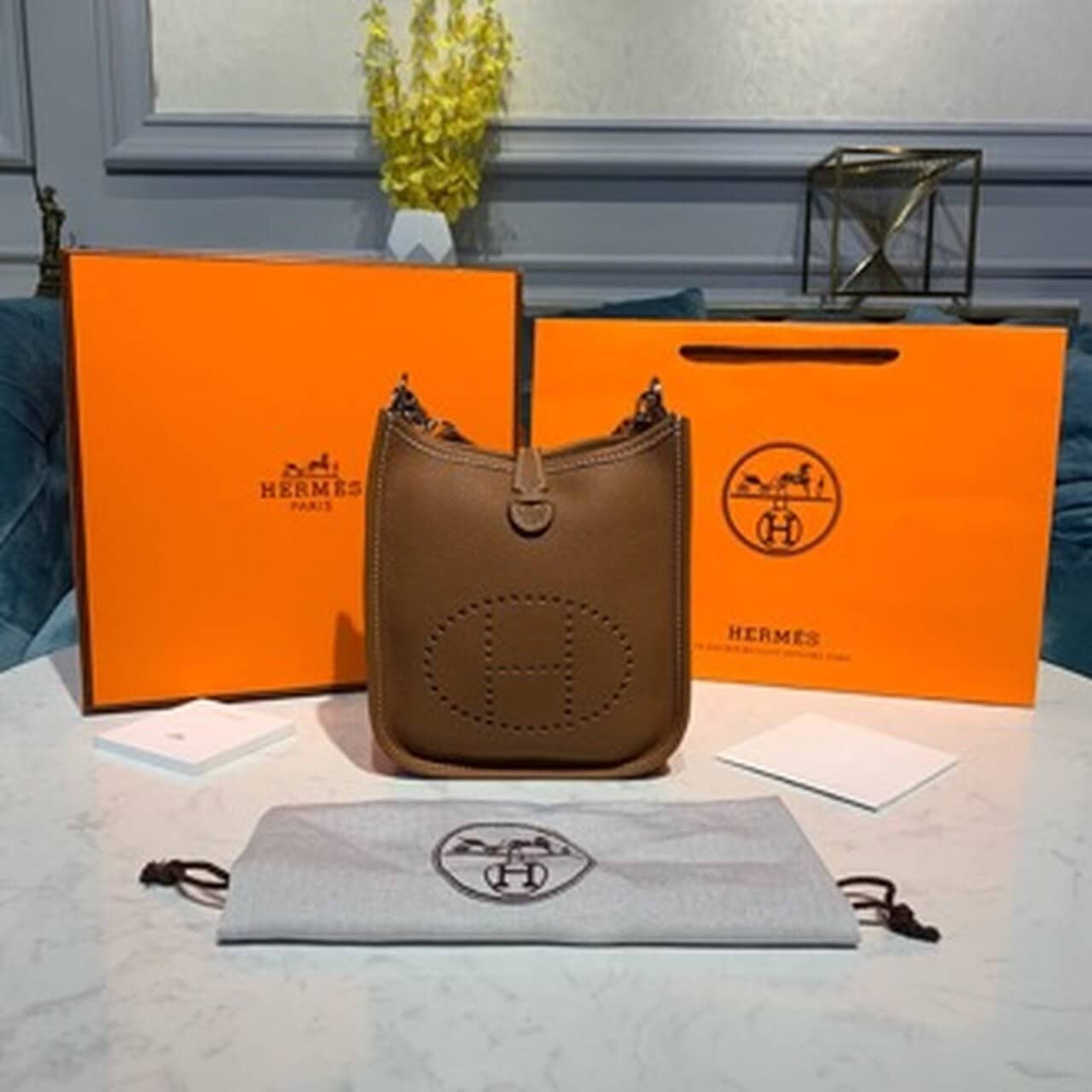 1:1 Replica Hermes Mini Evelyne Brown For Women 7.8in/20cm - Image 11