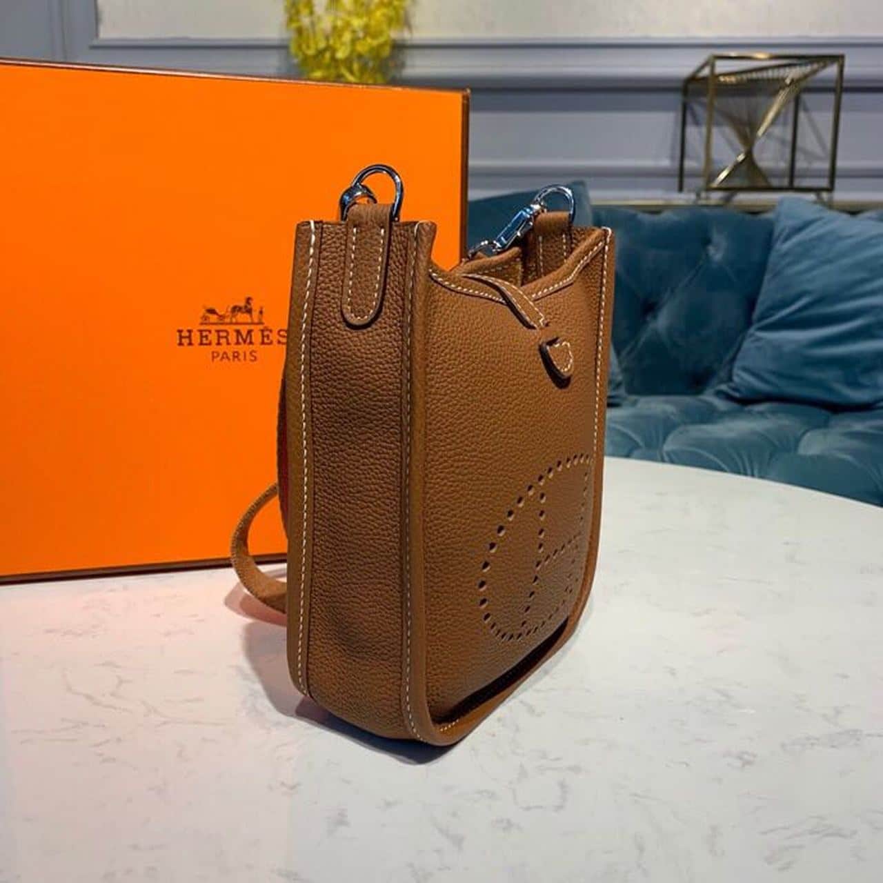 1:1 Replica Hermes Mini Evelyne Brown For Women 7.8in/20cm - Image 4