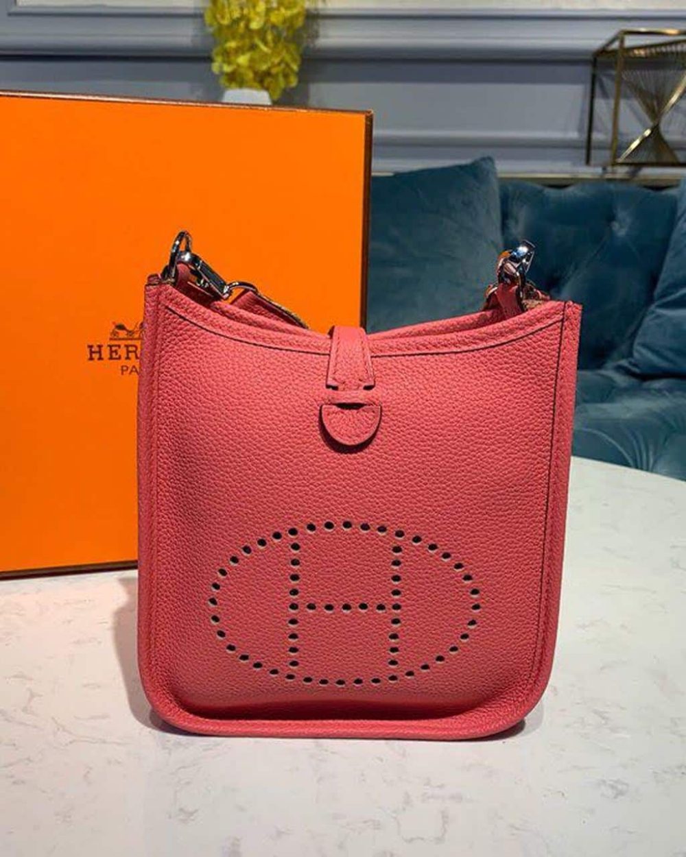 1:1 Replica Hermes Mini Evelyne Pink For Women 7.8in/20cm