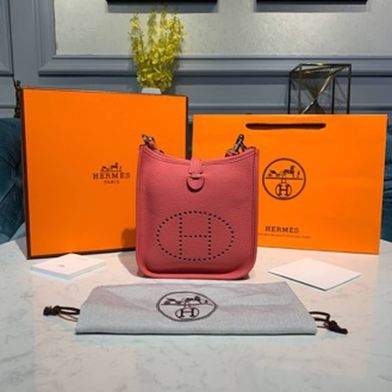 1:1 Replica Hermes Mini Evelyne Pink For Women 7.8in/20cm - Image 11