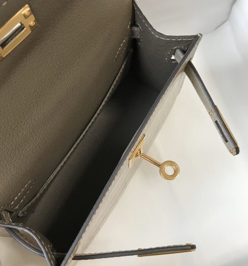 1:1 Replica Hermes Mini Kelly 19 Embossed Patent Light Grey Bag With Gold-Toned Harware For Women, Women's Handbags, Shoulder Bags 7.5in/19cm