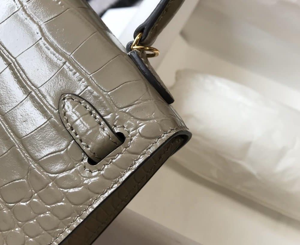 1:1 Replica Hermes Mini Kelly 19 Embossed Patent Light Grey Bag With Gold-Toned Harware For Women, Women's Handbags, Shoulder Bags 7.5in/19cm