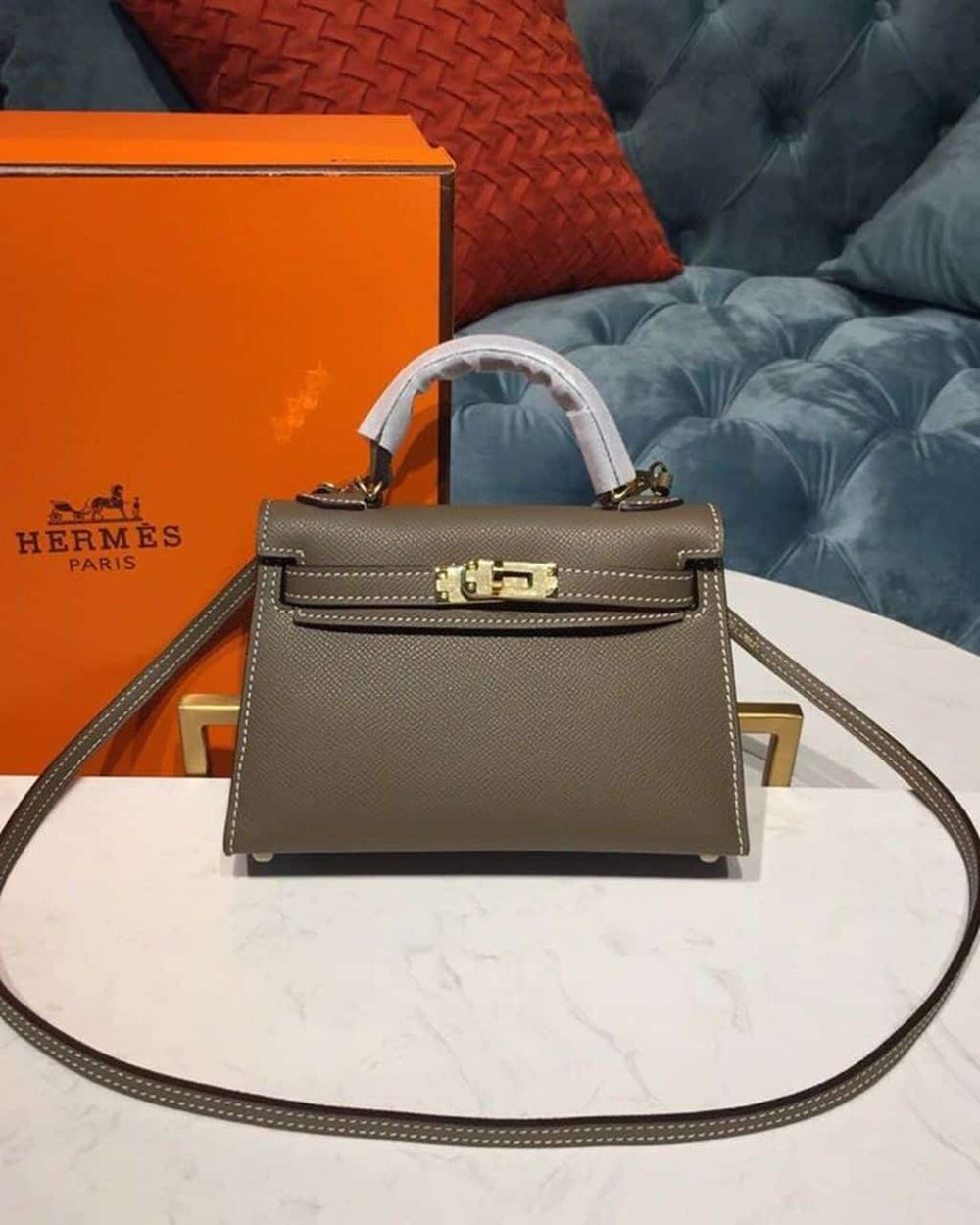 1:1 Replica Hermes Mini Kelly 20 Sellier Epsom Etoupe Bag For Women, Women's Handbags, Shoulder Bags 7.5in/20cm