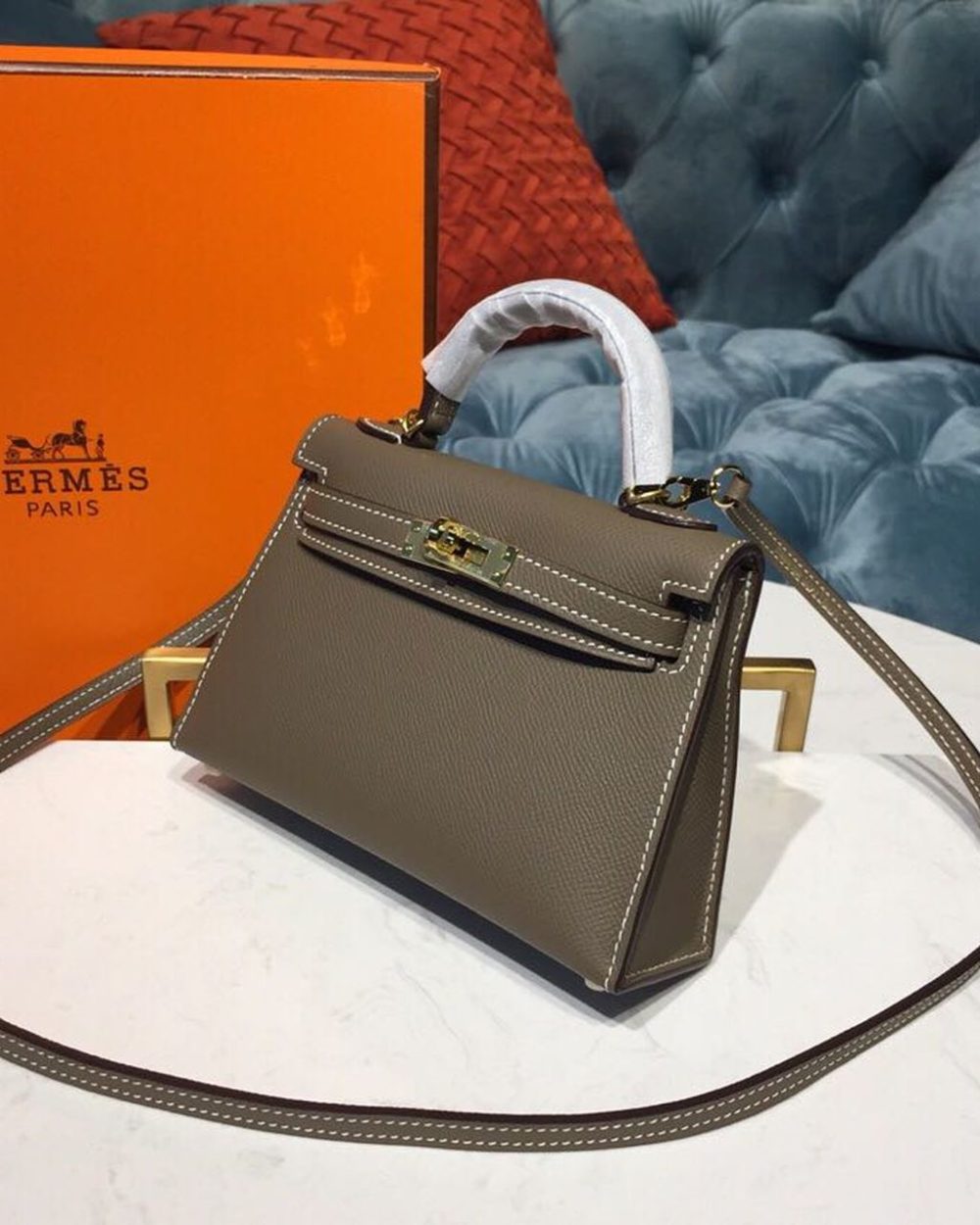 1:1 Replica Hermes Mini Kelly 20 Sellier Epsom Etoupe Bag For Women, Women's Handbags, Shoulder Bags 7.5in/20cm