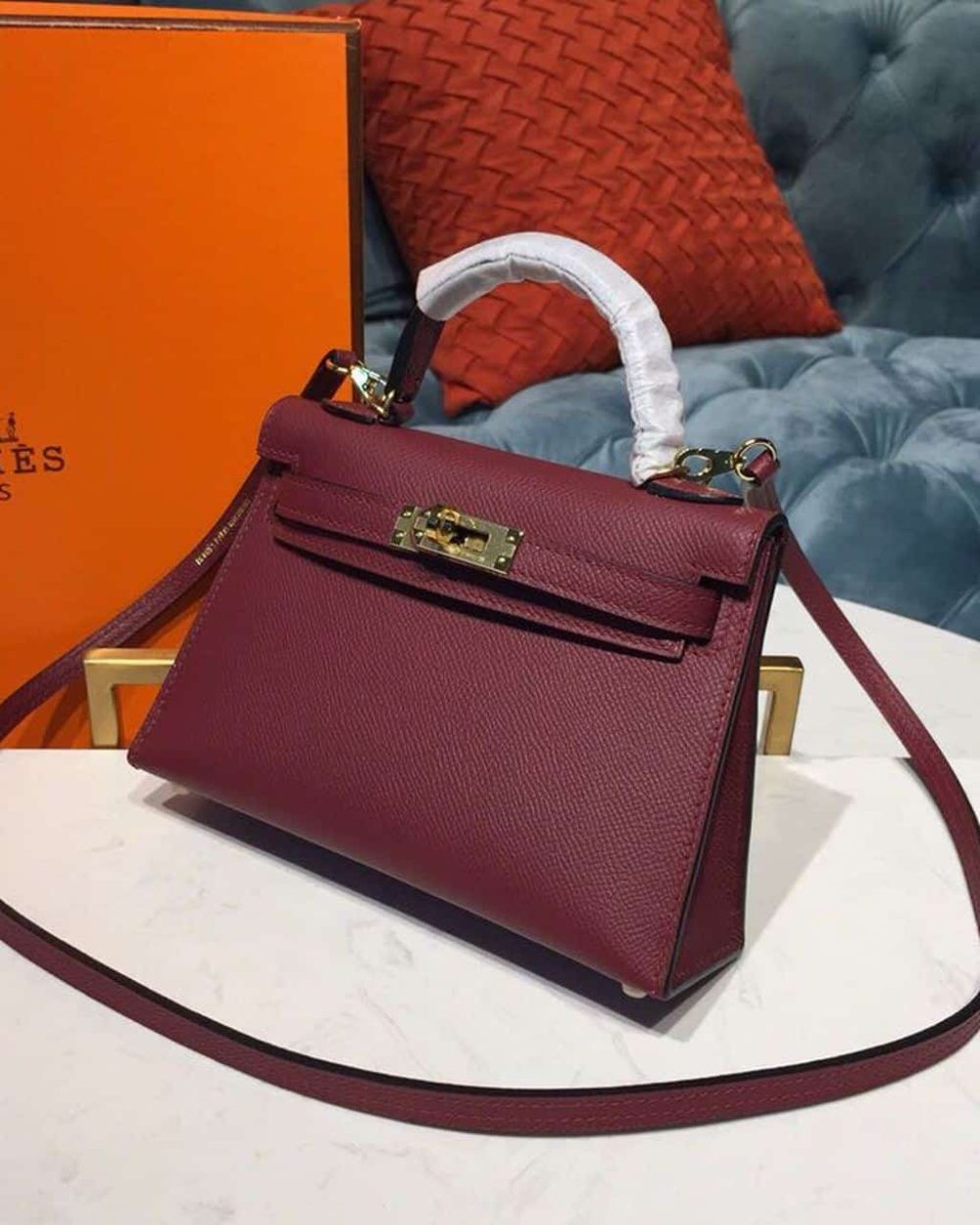 1:1 Replica Hermes Mini Kelly Burgundy For Women Gold Toned Hardware 7.5in/19cm